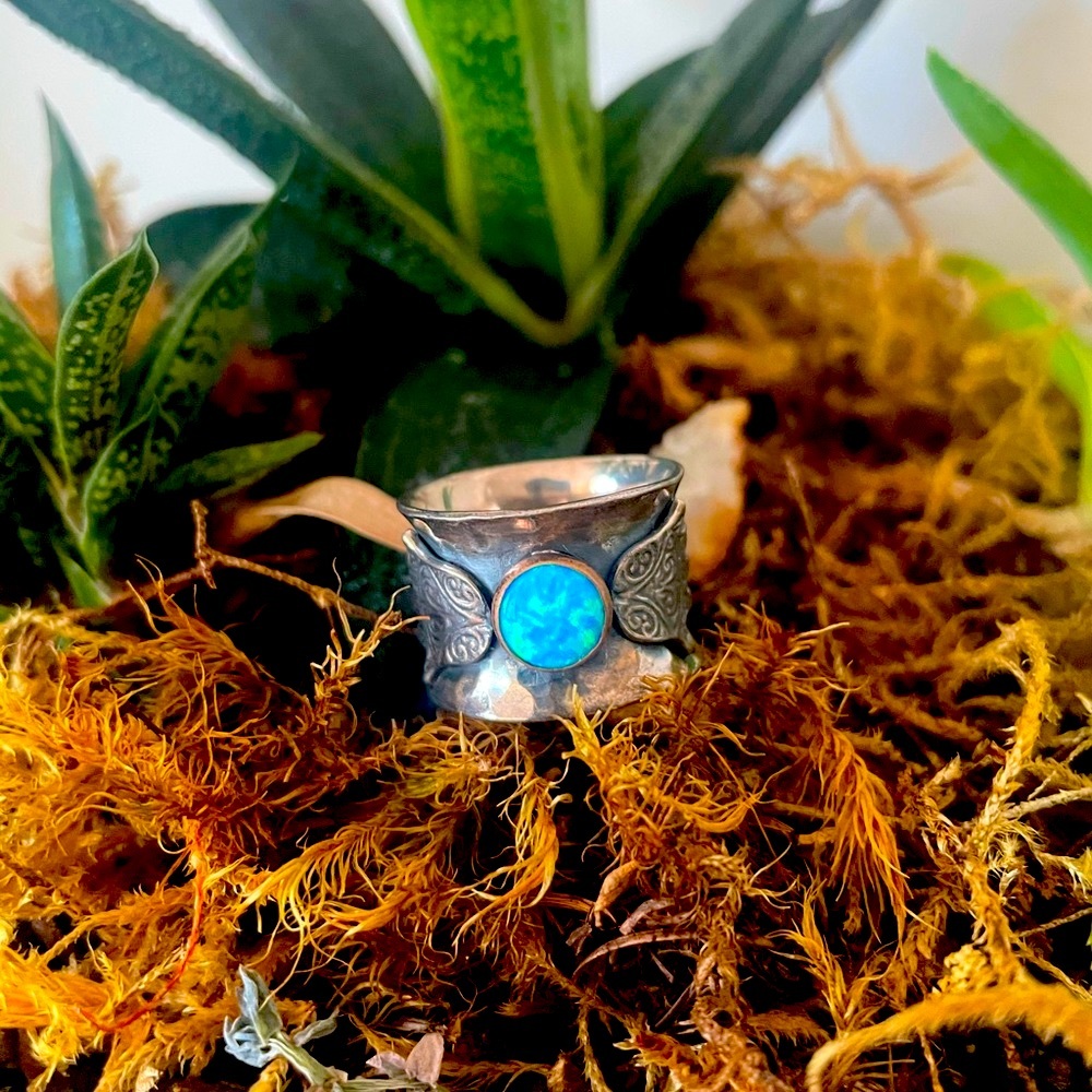 Sterling Silver and Gold Hamsa Opal Wide Ring
